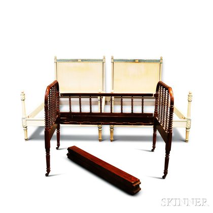 Pair of Neoclassical-style White-painted Beds and a Jenny Lind Spool-turned Child's Bed. Estimate $40-60