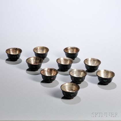 Set of Ten Silver-lined Black-lacquered Wine Cups