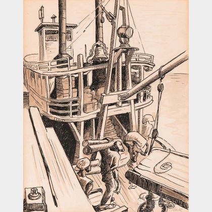 Thomas Hart Benton (American, 1889-1975) Deckhands Loading Cargo at a Wharf