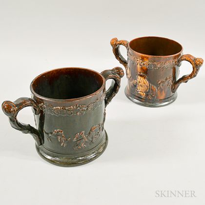 Two Large Two-handled Rockingham-glazed Frog Mugs