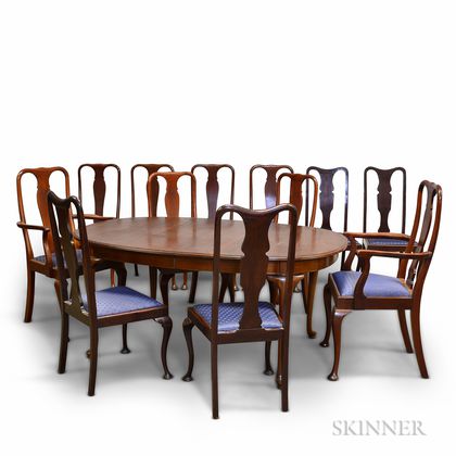 Queen Anne-style Mahogany Dining Table and Twelve Chairs