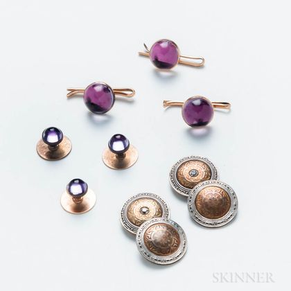 Pair of 14kt Gold and Diamond Cuff Links and 14kt Gold and Amethyst Cabochon Shirt Studs