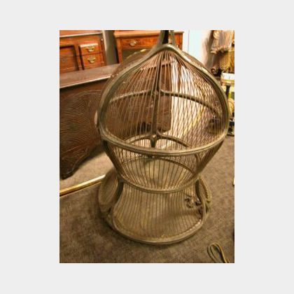 Large Carved Hardwood and Wire Birdcage. 