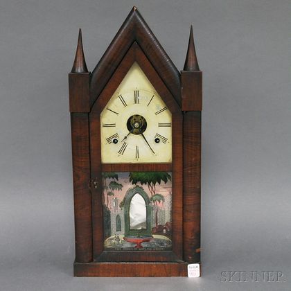 Rosewood Veneer Steeple Shelf Clock with Reverse-painted Glass Panel