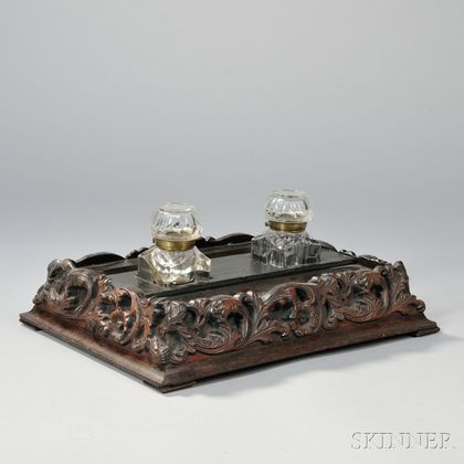 Carved Inkwell With Covered Glass Wells