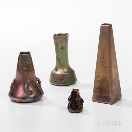Four Small Clement Massier Iridescent Pottery Vases