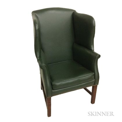 Chippendale-style Leather-upholstered Mahogany Wing Chair