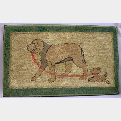 Mounted Wool and Cotton Hooked Rug with Mother Dog and Puppy. 