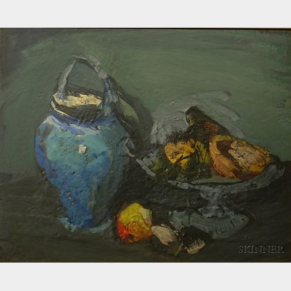 Framed Oil on Board Still Life of Fruit and a Blue Vase