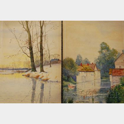 Lot of Two Watercolors by John Jesse Francis (American, 1889-1939): Pond's Edge at Sunset in the Snow