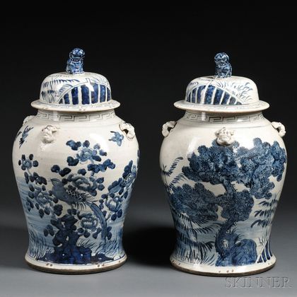 Two Blue and White Jars with Covers