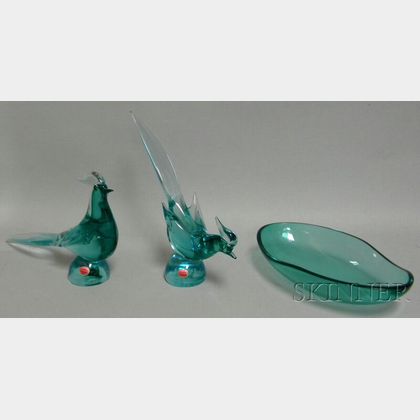Pair of Archimede Seguso Art Glass Bird Figures and a Center Bowl