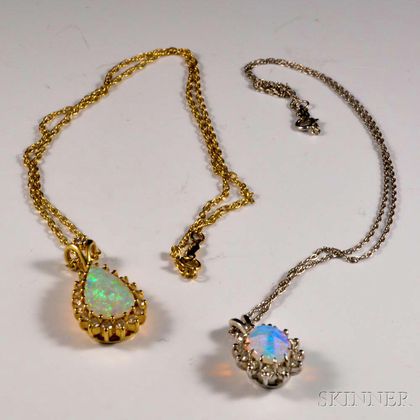 Two 14kt Gold, Opal, and Diamond Pendants