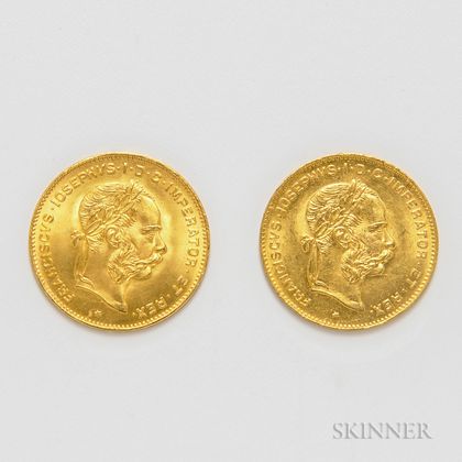 Two 1892 Austrian 4 Florin 10 Francs Gold Coins, KM2260.