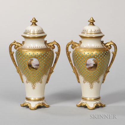 Pair of Jeweled Coalport Porcelain Vases and Covers