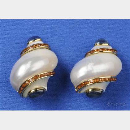 18kt Gold, Sapphire and Citrine Turbo Shell Earclips, Seaman Schepps