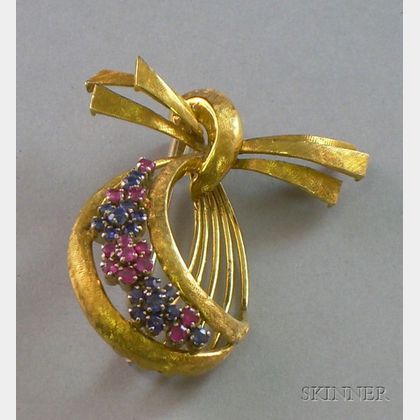 18kt Textured Yellow Gold, Ruby, and Sapphire Bow Brooch