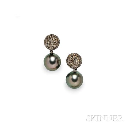 18kt Gold, Tahitian Pearl, and Brown Diamond Day/Night Earrings