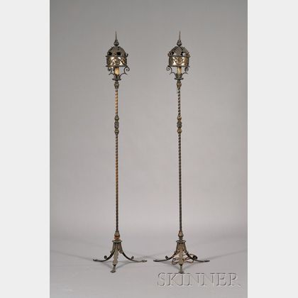 Pair of Renaissance-style Wrought Iron, Parcel-gilt, and Mica-mounted Torchieres