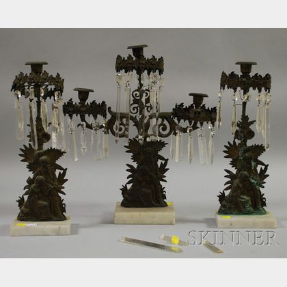 Three-piece Brass Figural Girandole Set with Prisms. 