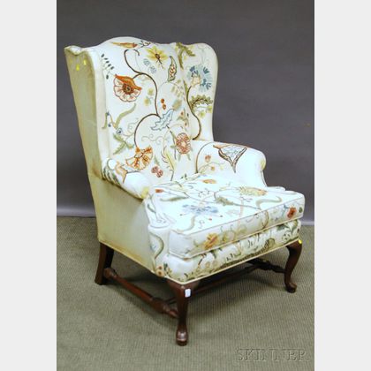 Queen Anne-style Crewelwork-upholstered Walnut Wing Chair. 