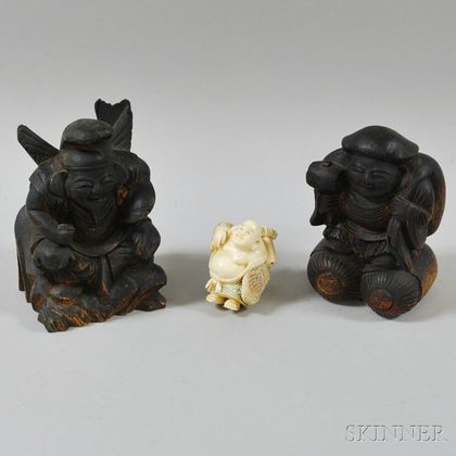 Three Pottery and Carved Figures