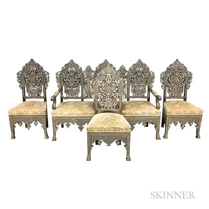 Anglo/Indian-style Four-piece Carved Hardwood and Mother-of-pearl Parlor Suite