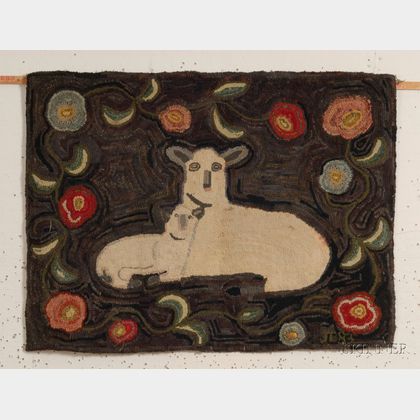 Figural Wool Hooked Rug with Sheep