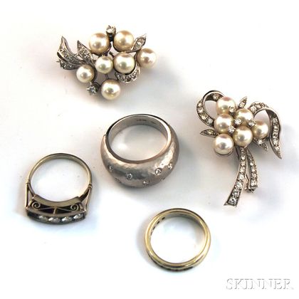 Five Pieces of White Gold, Pearl, and Diamond Jewelry