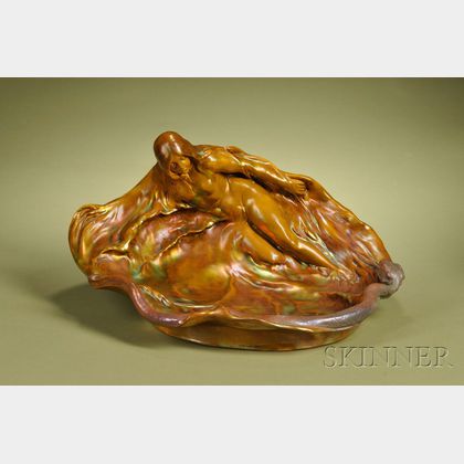 Zsolnay Copper and Green Lustre Figural Fruit Bowl