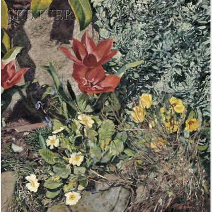 Christopher Sanders (British, 1905-1991) Garden with Tulips and Primroses