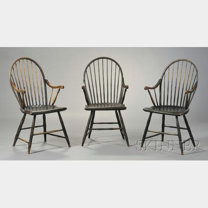 Set of Three Black-painted Bamboo-turned Windsor Bow-back Chairs with Applied Arms