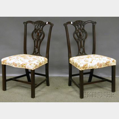 Pair of Georgian-style Upholstered Carved Mahogany Side Chairs. 