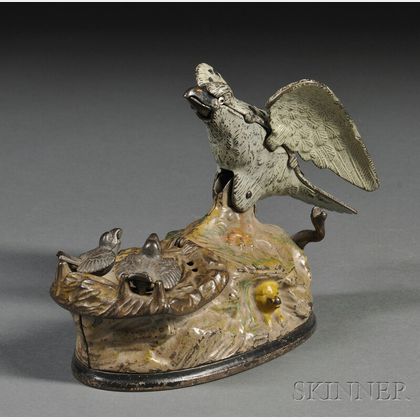 Polychrome and Painted Cast Iron "Eagle and Eaglets" Mechanical Bank