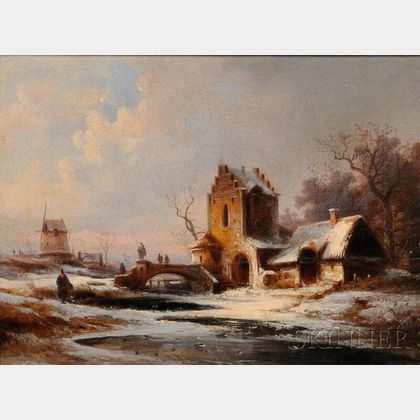German School, 19th Century Winter Landscape with Figures on a Castle Bridge