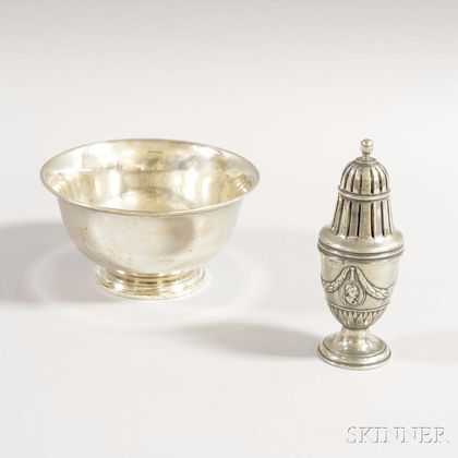 American Silver-plated Pewter Caster and Silver-plated Paul Revere Reproduction Bowl