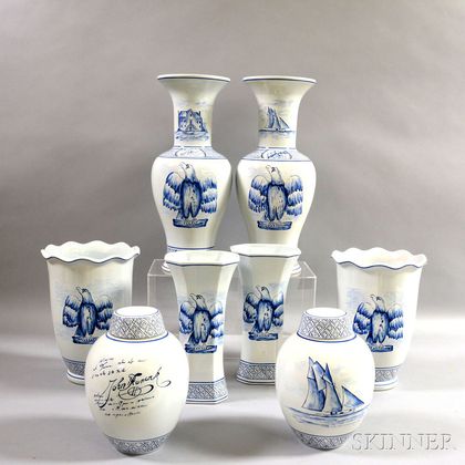 Eight French Blue and White Ceramic Vessels