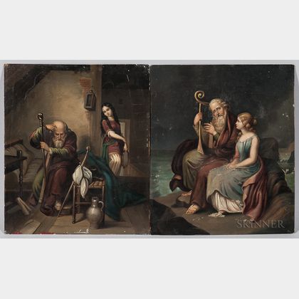 Continental School, 19th Century Two Paintings Depicting Two Figures: An Old Man with a Harp Accompanied by a Young Woman