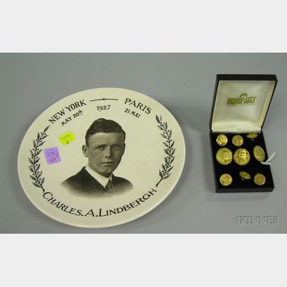 Sarreguemines Charles Lindbergh Commemorative Plate and a Boxed Set of Nine Radio City Music Hall Souvenir Gilt... 