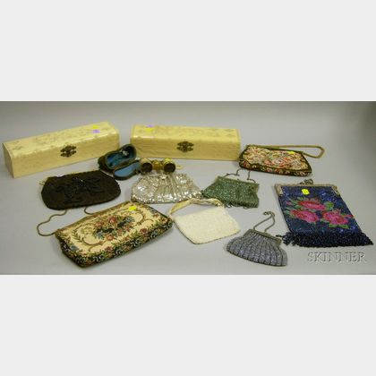 Eight Purses, Ivorene Glove and Necktie Boxes, and a Cased Pair of Mother-of-Pearl Opera Glasses