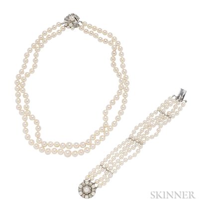 14kt White Gold, Cultured Pearl, and Diamond Necklace and Bracelet