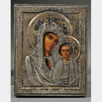 Russian Icon with Sterling Silver Riza Depicting Kazan Mother of God
