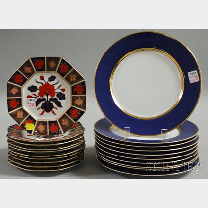 Ten Blue Banded Porcelain Dinner Plates and Ten Imari-palette Floral Dessert Plates