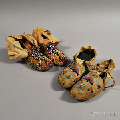 Two Pairs of Plains Partially Beaded Hide Moccasins