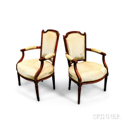 Pair of Louis XVI-style Upholstered Carved Walnut Fauteuil