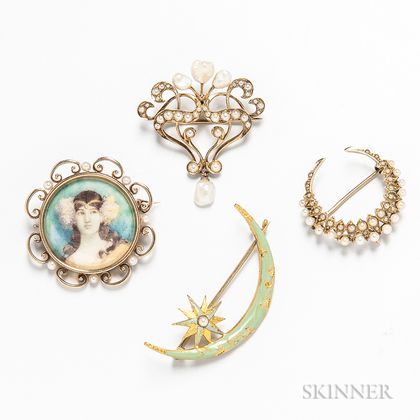 Four 14kt Gold and Pearl Brooches