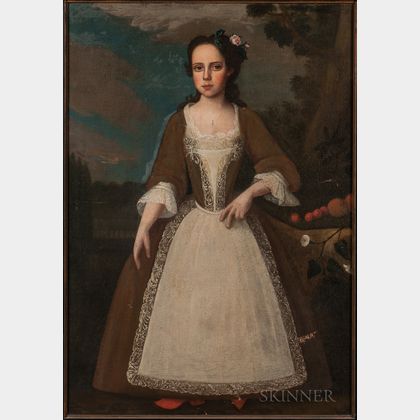 Dutch Colonial School, Second Quarter 18th Century Girl in a Brown Dress with Lacy Apron
