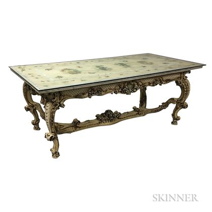 Italian Rococo-style Floral-decorated Marble- and Glass-top Table