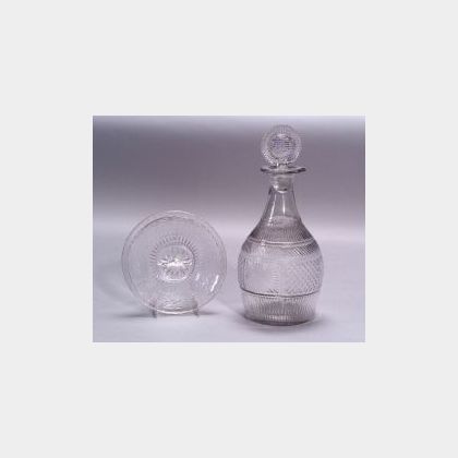 Colorless Blown Three-Mold Glass Decanter and Dish,.