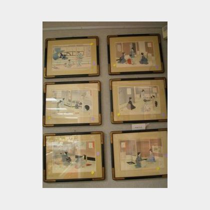 Set of Six Japanese Framed Interior Scene Woodblock Prints
